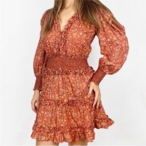 House of Harlow 1960 Floral Smocked Waist Peasant Dress Wallis Rust Orange